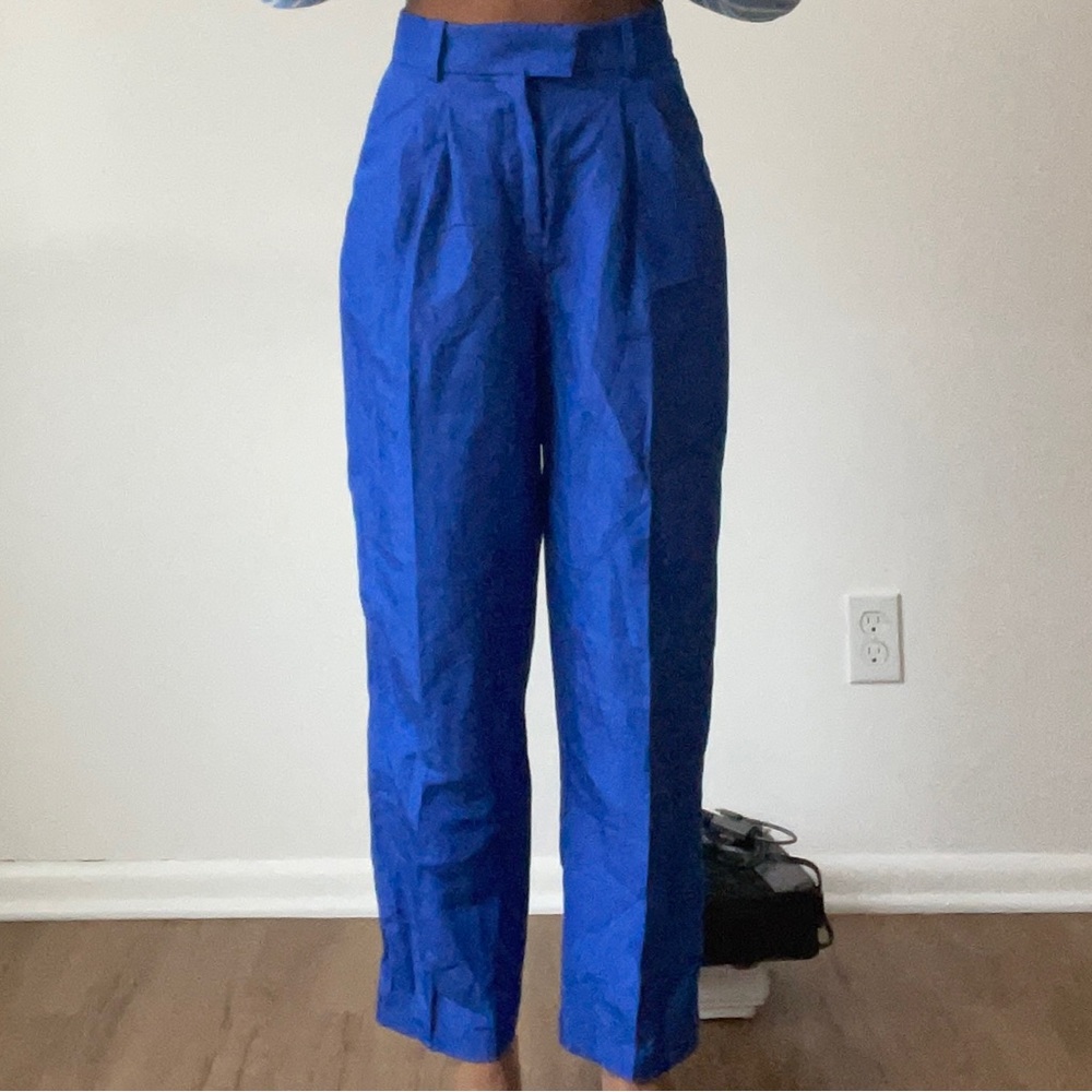 blue linen tapered pants